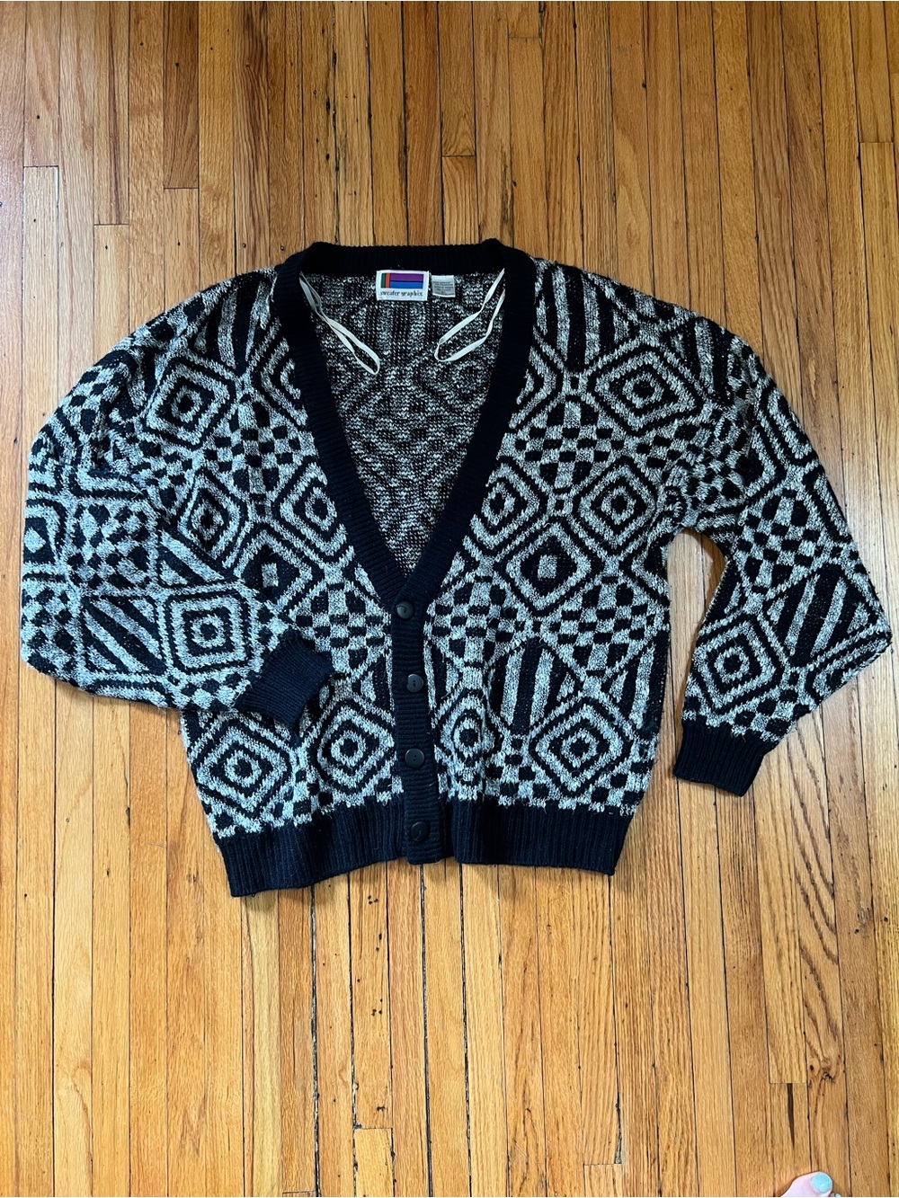 Vintage Black and Cream Geometric Knit Cardigan